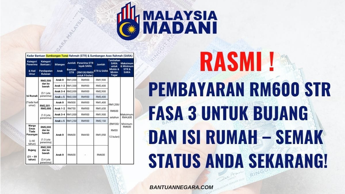 PEMBAYARAN RM600 STR FASA 3 UNTUK BUJANG DAN ISI RUMAH – SEMAK STATUS ANDA SEKARANG!